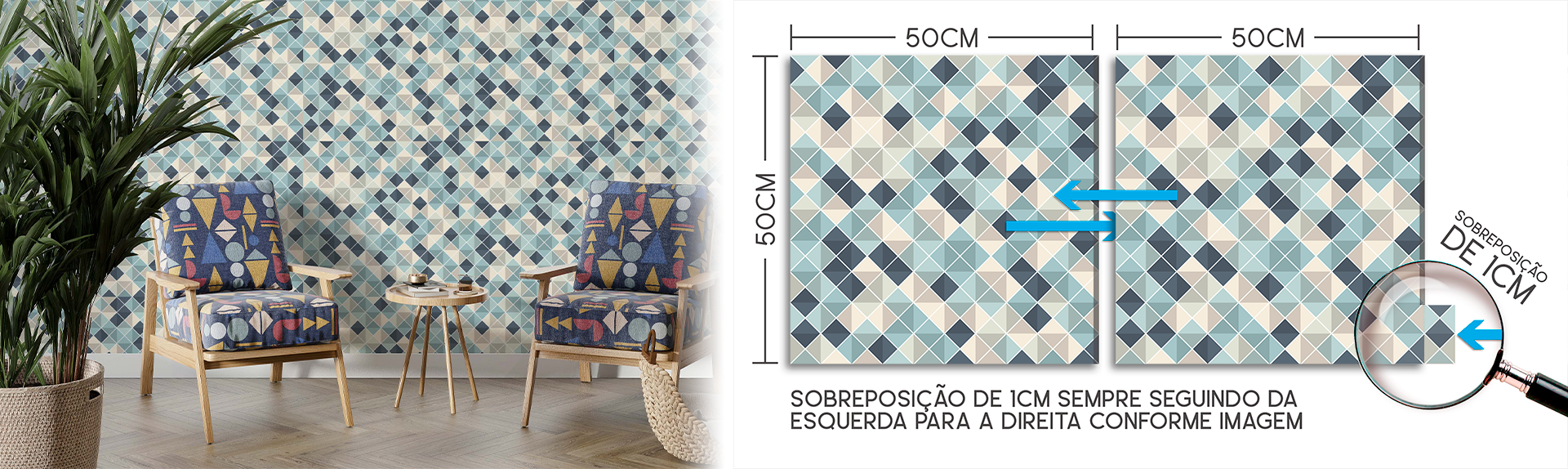 Papel de Parede Adesivo Vinil Xadrez Azul Bege Textura Losango Quarto Bebe  - Deliquadros