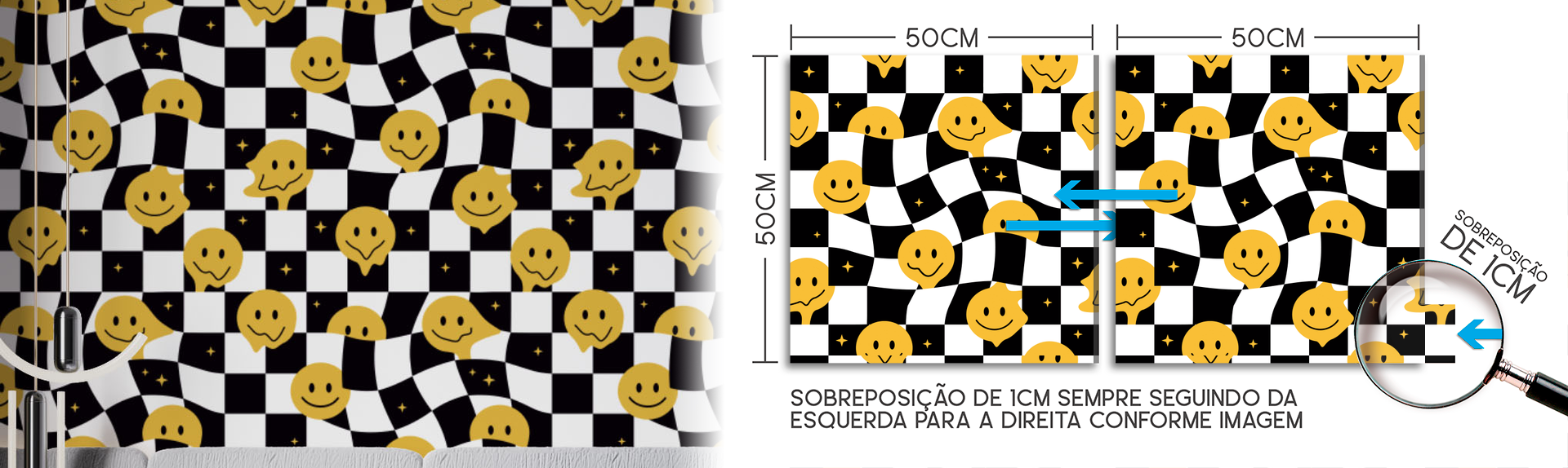 Papel de Parede Adesivo Xadrez Preto e Branco Smiley Amarelo Psicodélico  Teen Juvenil Moderno Quarto Sala de Estar - Deliquadros - Papel de Parede -  Magazine Luiza