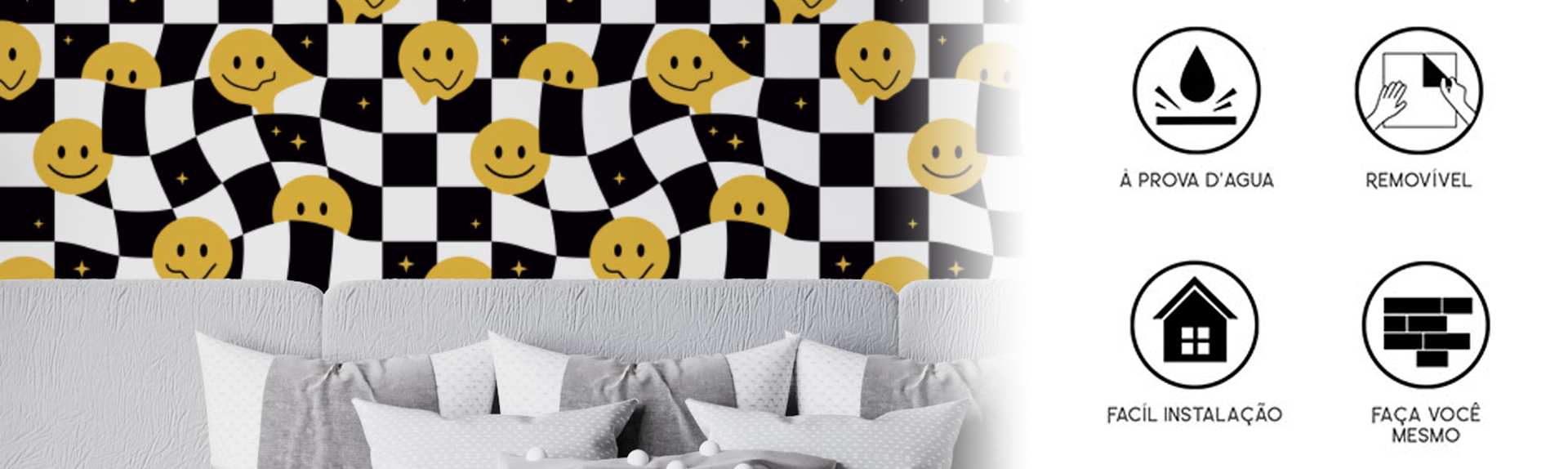 Papel de Parede Adesivo Xadrez Preto e Branco Smiley Amarelo Psicodélico  Teen Juvenil Moderno Quarto Sala de Estar - Deliquadros - Papel de Parede -  Magazine Luiza